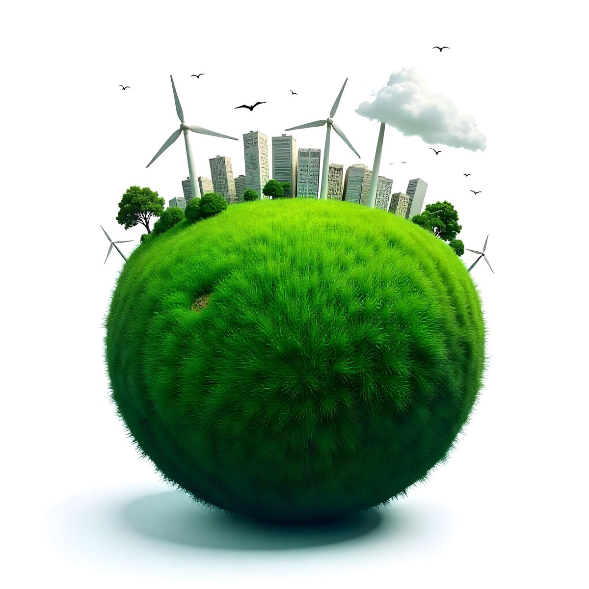 Green Earth With Grass Texture Buildings Wind Turbines Trees Clouds And Birds On Top White Background 8 B3f2