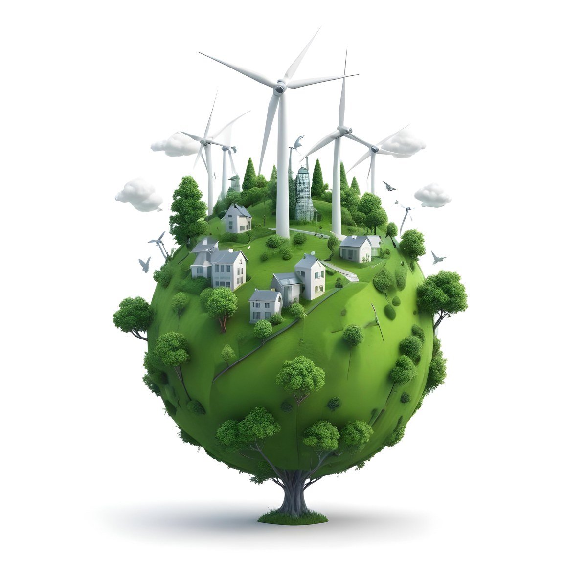 Green Earth With Grass Texture Buildings Wind Turbines Trees Clouds And Birds On Top White Background 9 0642
