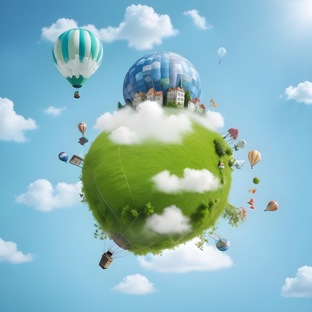 Green Planet With Grass Flowers And Buildings With A Blue And White Hot Air Balloon Flying In A Blue Sky With Clouds 95 Ccb2