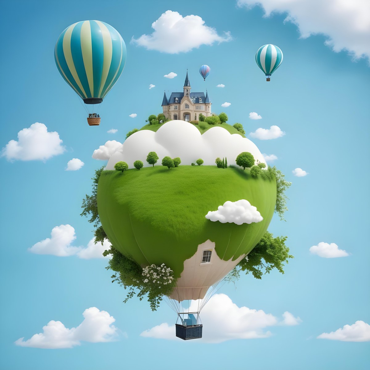 Green Planet With Grass Flowers And Buildings With A Blue And White Hot Air Balloon Flying In A Blue Sky With Clouds 96 F7e9