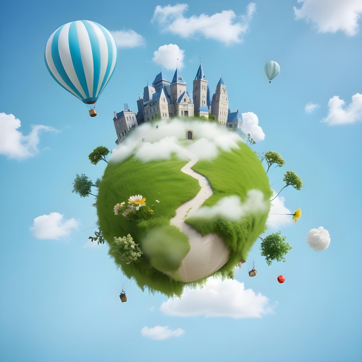 Green Planet With Grass Flowers And Buildings With A Blue And White Hot Air Balloon Flying In A Blue Sky With Clouds 97 Ab3f