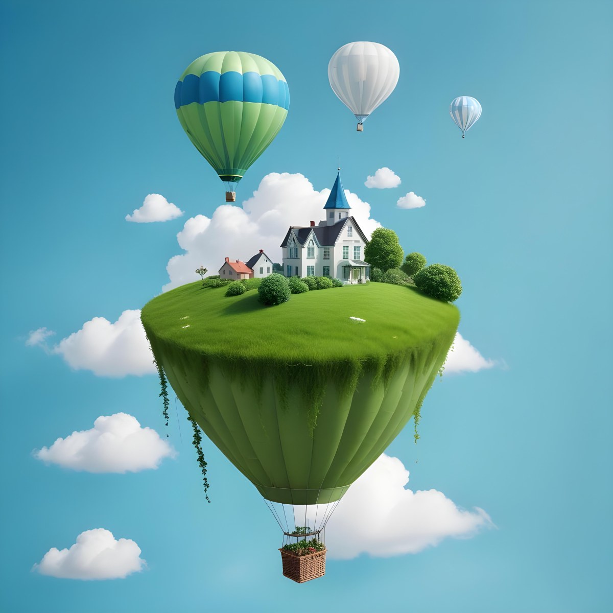 Green Planet With Grass Flowers And Buildings With A Blue And White Hot Air Balloon Flying In A Blue Sky With Clouds 98 59d5