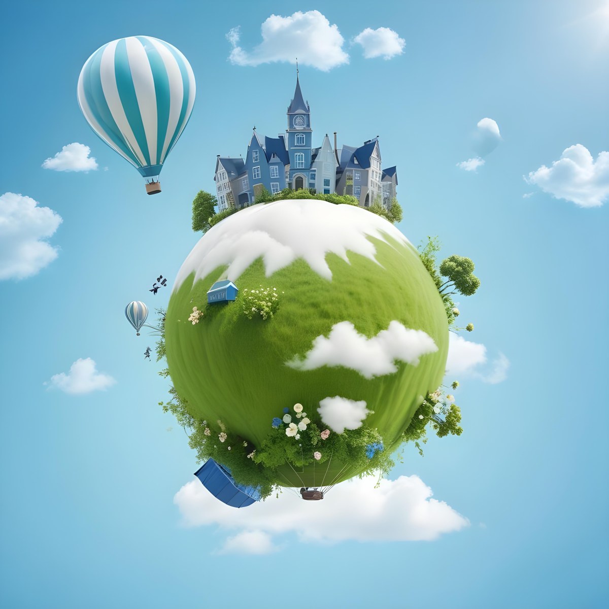 Green Planet With Grass Flowers And Buildings With A Blue And White Hot Air Balloon Flying In A Blue Sky With Clouds 99 0ec0