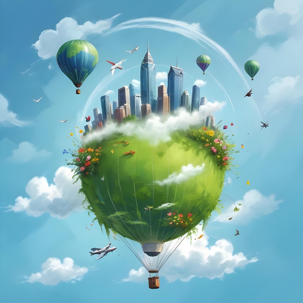 Green Planet With Grass Flowers And Skyscrapers Surrounded By Clouds A Hot Air Balloon And A Plane In A Blue Sky 10 9c27