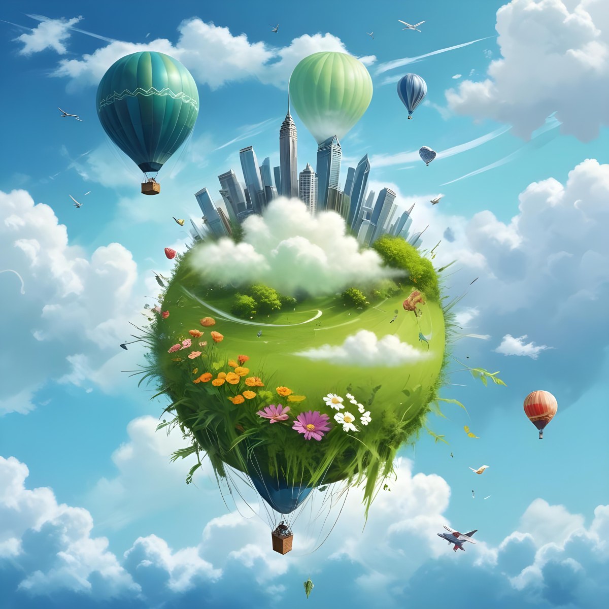 Green Planet With Grass Flowers And Skyscrapers Surrounded By Clouds A Hot Air Balloon And A Plane In A Blue Sky 2 88e6