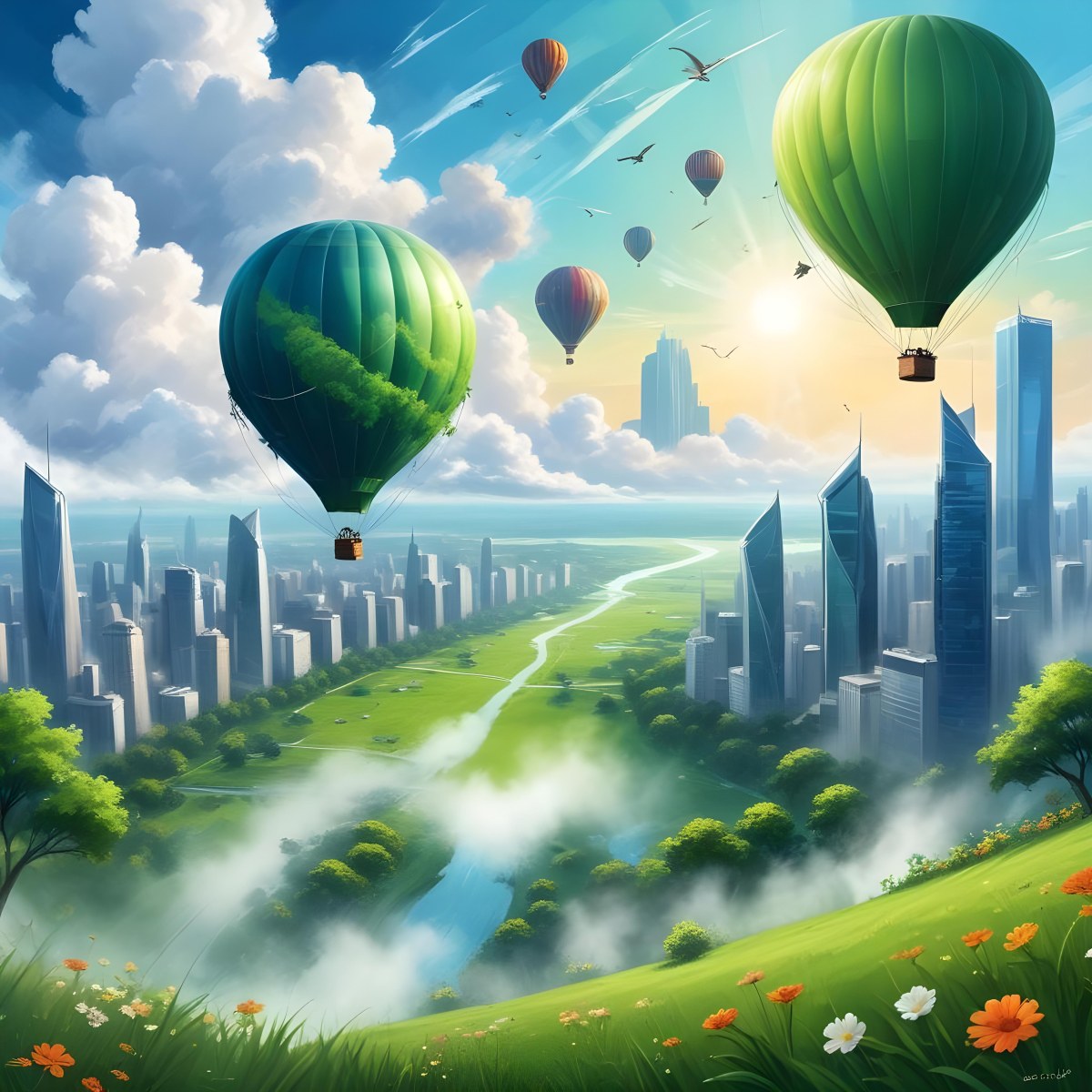 Green Planet With Grass Flowers And Skyscrapers Surrounded By Clouds A Hot Air Balloon And A Plane In A Blue Sky 20 951d