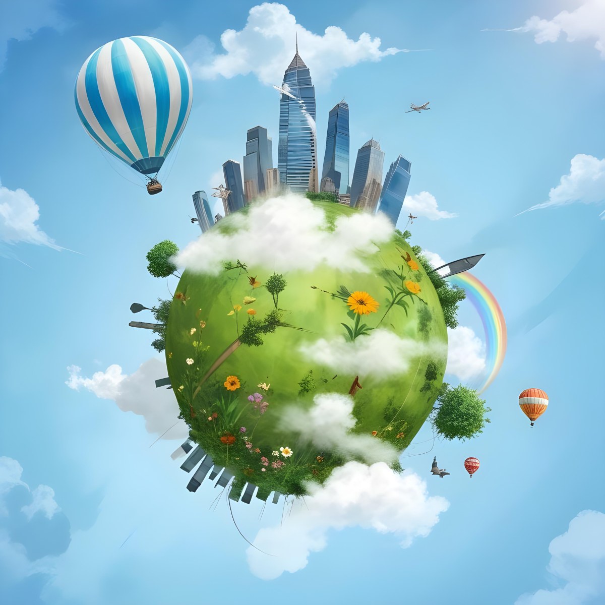 Green Planet With Grass Flowers And Skyscrapers Surrounded By Clouds A Hot Air Balloon And A Plane In A Blue Sky 33 27bc