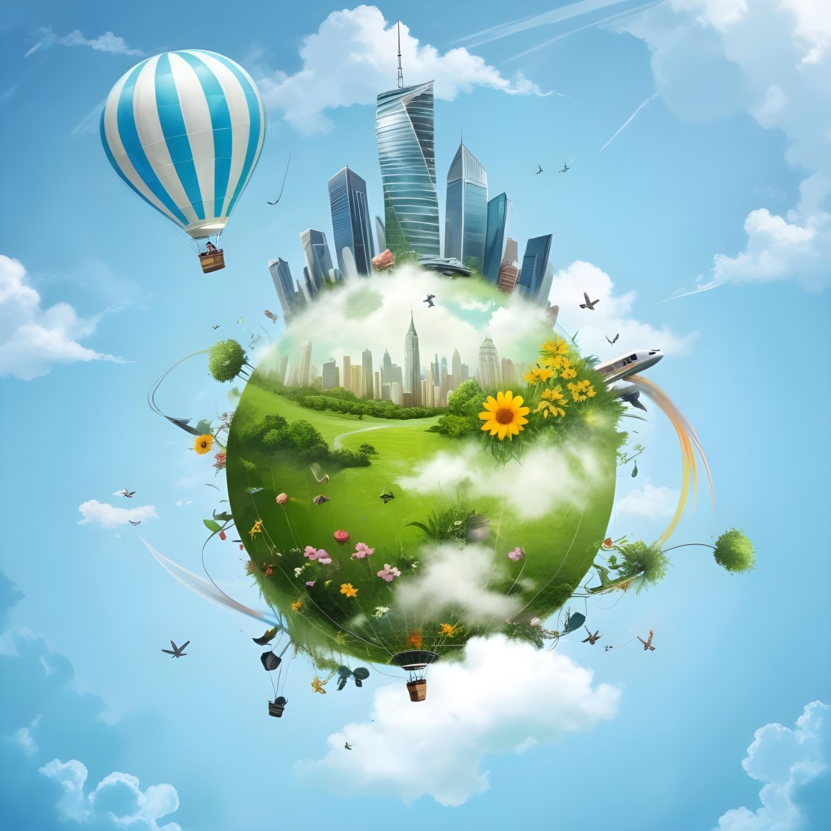 Green Planet With Grass Flowers And Skyscrapers Surrounded By Clouds A Hot Air Balloon And A Plane In A Blue Sky 45 40e2