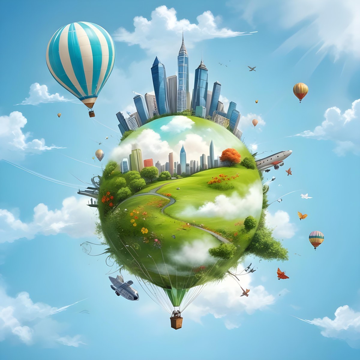 Green Planet With Grass Flowers And Skyscrapers Surrounded By Clouds A Hot Air Balloon And A Plane In A Blue Sky 47 B5af
