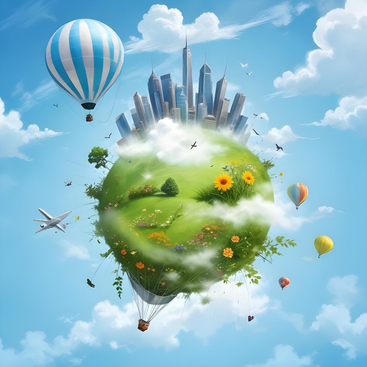 Green Planet With Grass Flowers And Skyscrapers Surrounded By Clouds A Hot Air Balloon And A Plane In A Blue Sky 5 1283