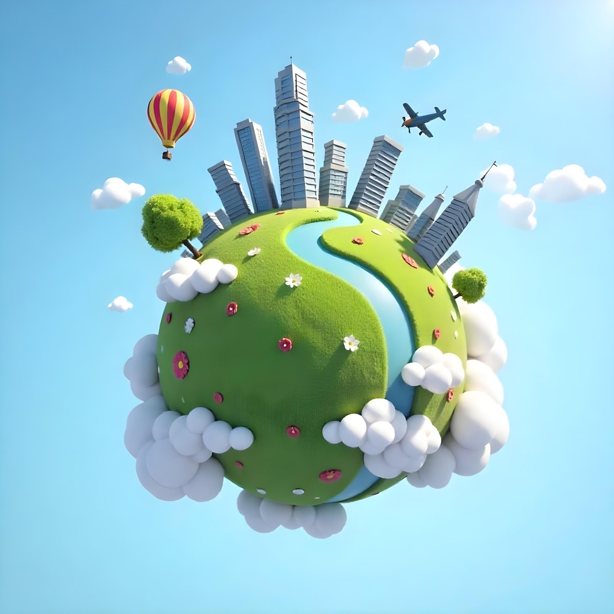 Green Planet With Grass Flowers And Skyscrapers Surrounded By Clouds A Hot Air Balloon And A Plane In A Blue Sky 51 7740