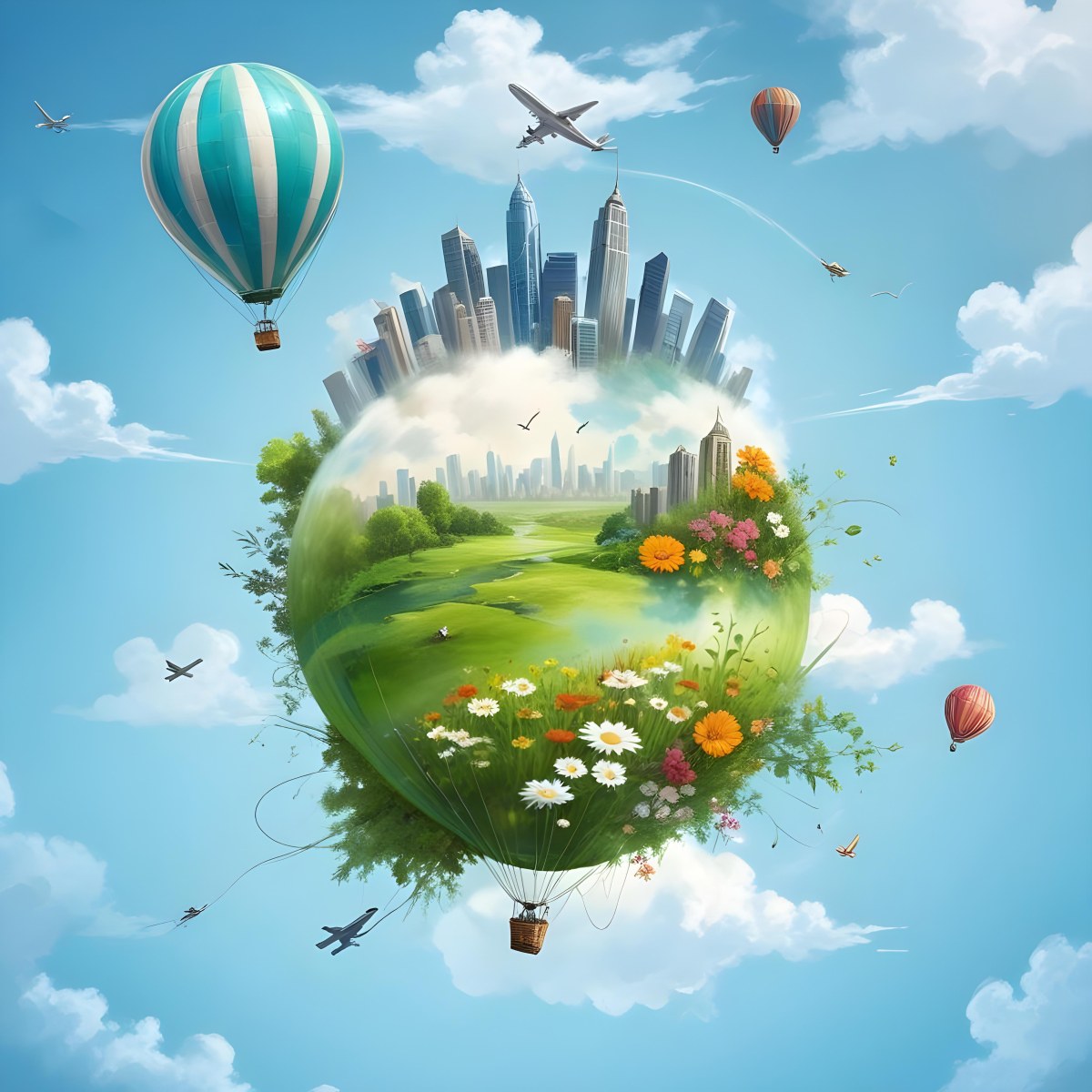 Green Planet With Grass Flowers And Skyscrapers Surrounded By Clouds A Hot Air Balloon And A Plane In A Blue Sky 6 Ac2f