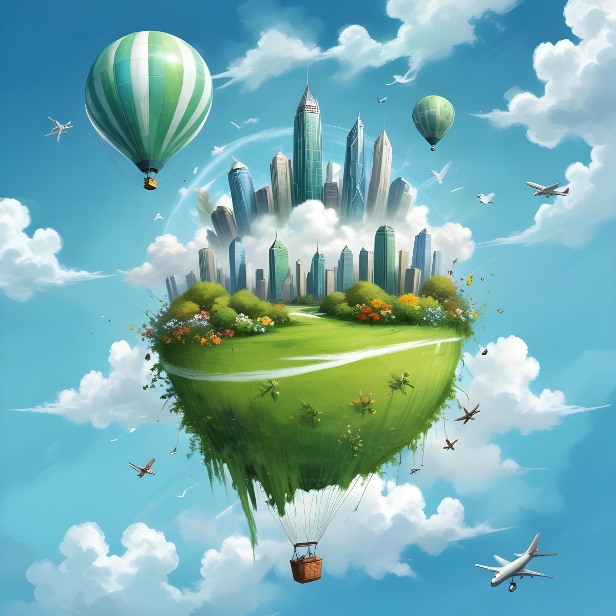 Green Planet With Grass Flowers And Skyscrapers Surrounded By Clouds A Hot Air Balloon And A Plane In A Blue Sky 8 6038