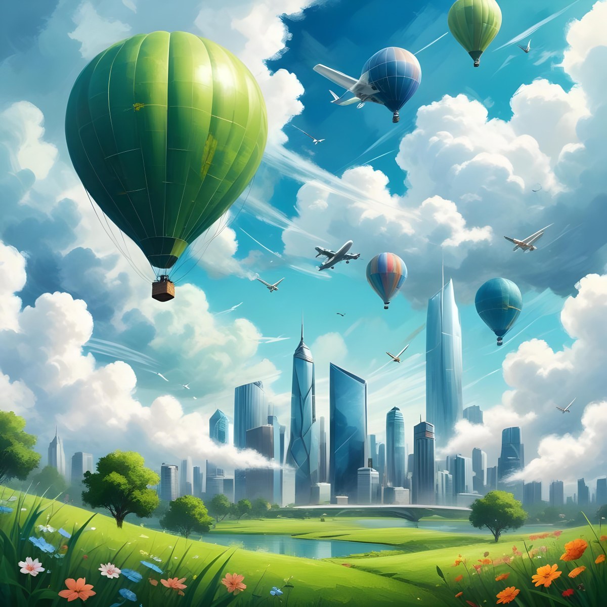 Green Planet With Grass Flowers And Skyscrapers Surrounded By Clouds A Hot Air Balloon And A Plane In A Blue Sky 9 B95a