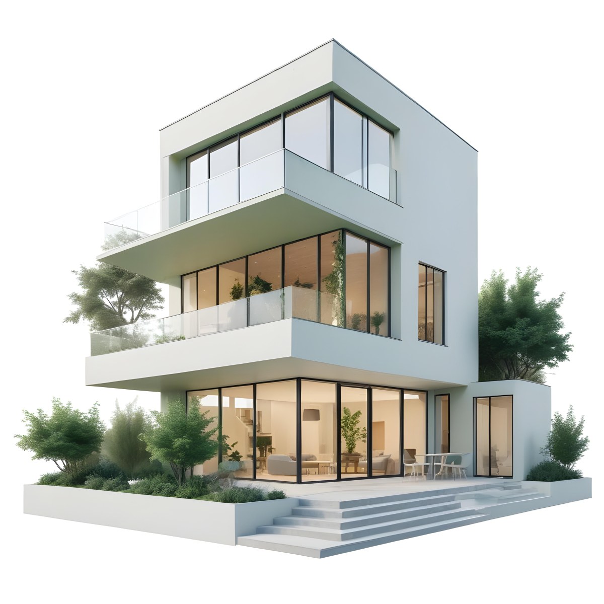 Modern Minimalist Green Three Story House With Large Windows And Green Roof Surrounded By Green Trees And Plants Bright Sunlight Clean Lines Open Floor Plan Outdoor Seating Area 36 6546
