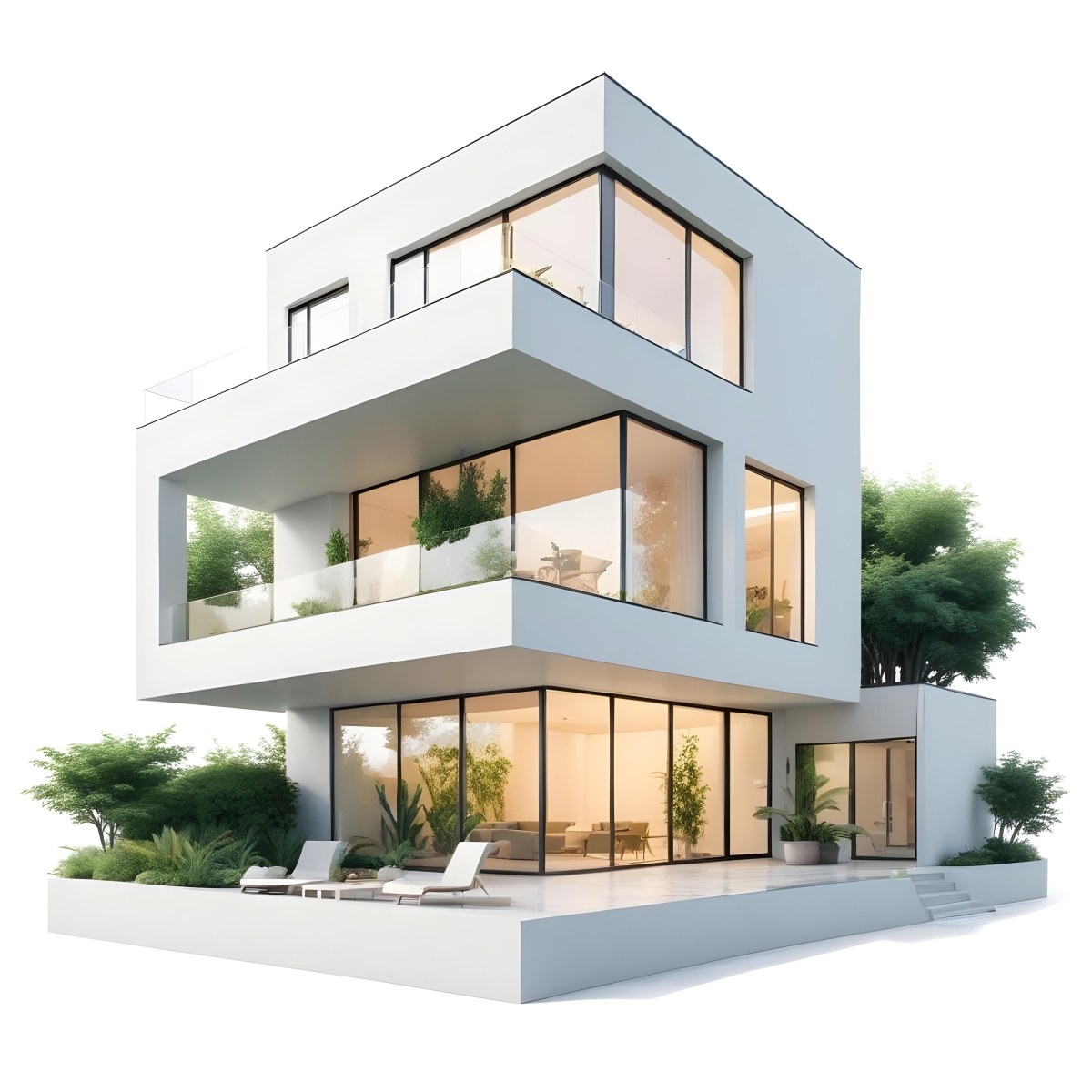 Modern Minimalist Green Three Story House With Large Windows And Green Roof Surrounded By Green Trees And Plants Bright Sunlight Clean Lines Open Floor Plan Outdoor Seating Area 4 E48b