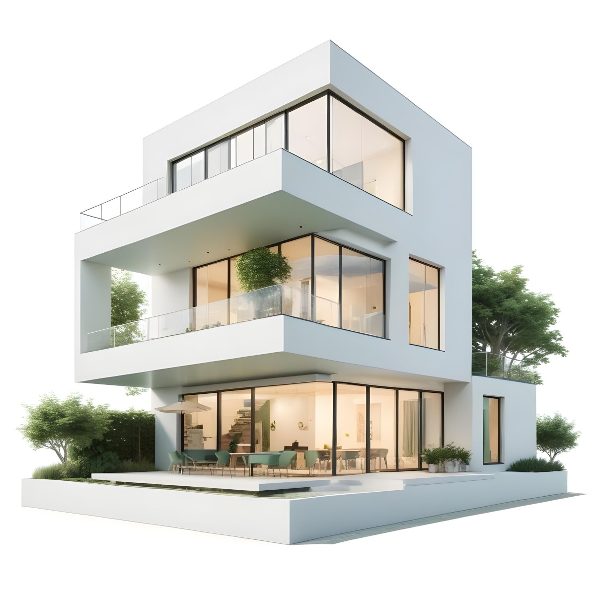 Modern Minimalist Green Three Story House With Large Windows And Green Roof Surrounded By Green Trees And Plants Bright Sunlight Clean Lines Open Floor Plan Outdoor Seating Area 75 98e0