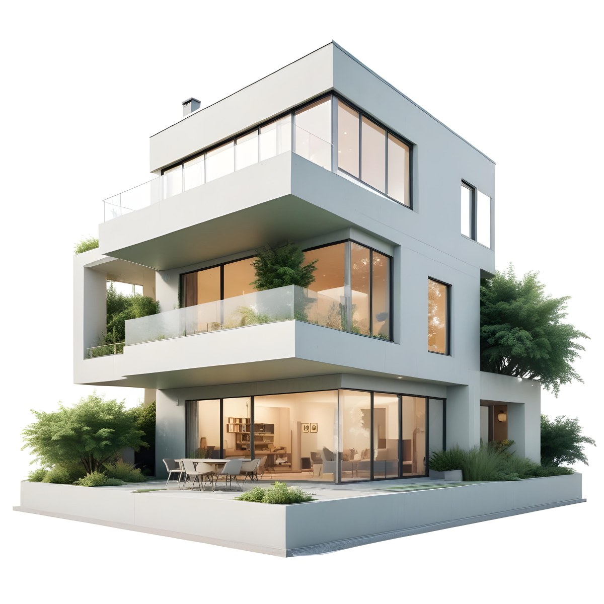 Modern Minimalist Green Three Story House With Large Windows And Green Roof Surrounded By Green Trees And Plants Bright Sunlight Clean Lines Open Floor Plan Outdoor Seating Area 84 C220