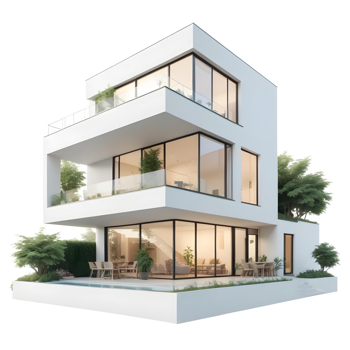 Modern Minimalist Green Three Story House With Large Windows And Green Roof Surrounded By Green Trees And Plants Bright Sunlight Clean Lines Open Floor Plan Outdoor Seating Area 85 29a9