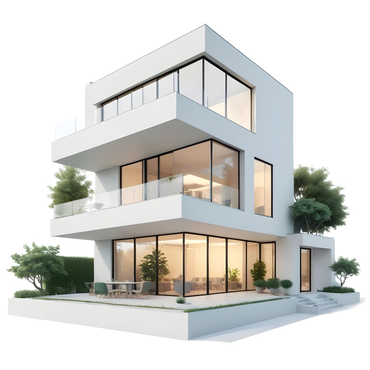 Modern Minimalist Green Three Story House With Large Windows And Green Roof Surrounded By Green Trees And Plants Bright Sunlight Clean Lines Open Floor Plan Outdoor Seating Area 87 F1f8
