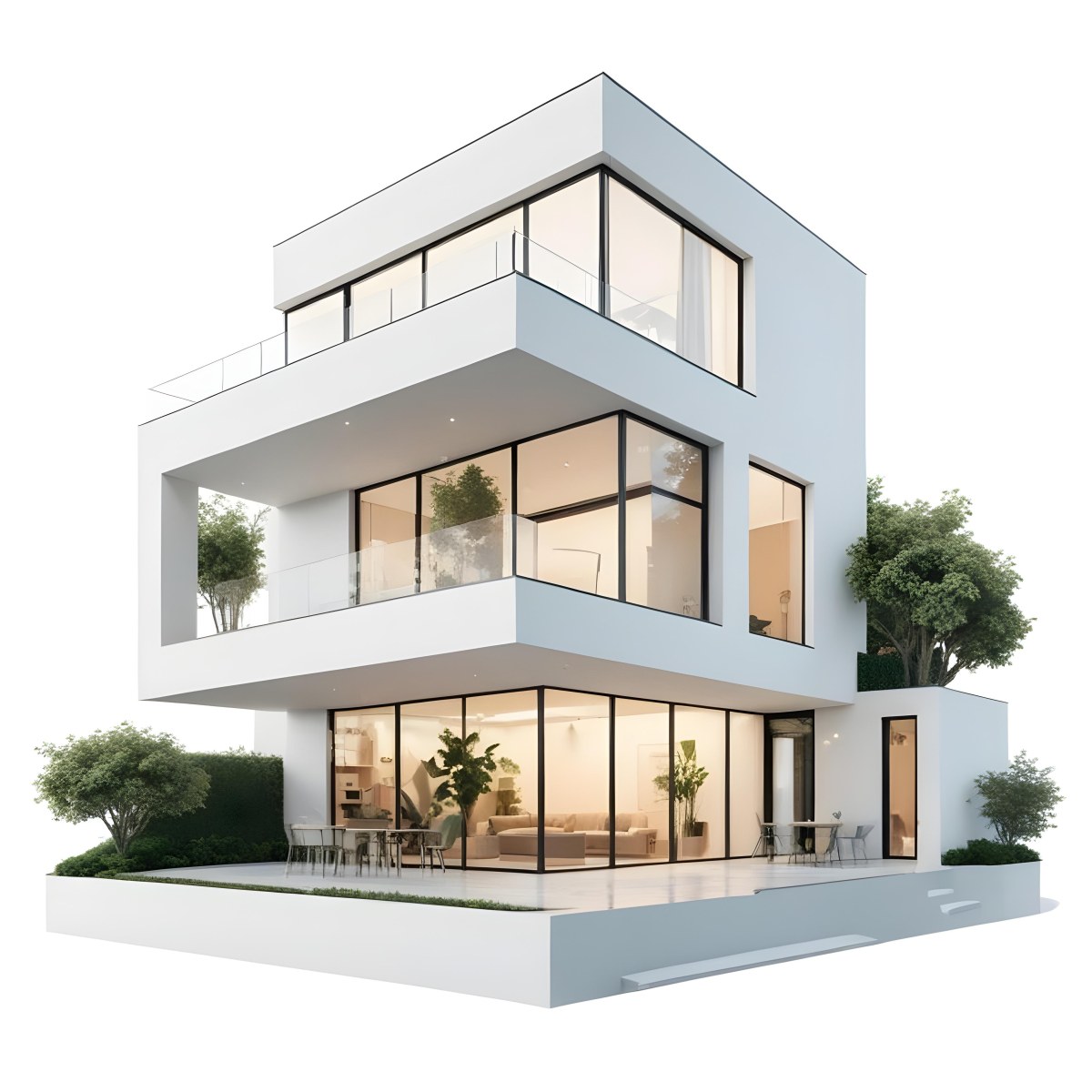 Modern Minimalist Green Three Story House With Large Windows And Green Roof Surrounded By Green Trees And Plants Bright Sunlight Clean Lines Open Floor Plan Outdoor Seating Area 89 D4b2