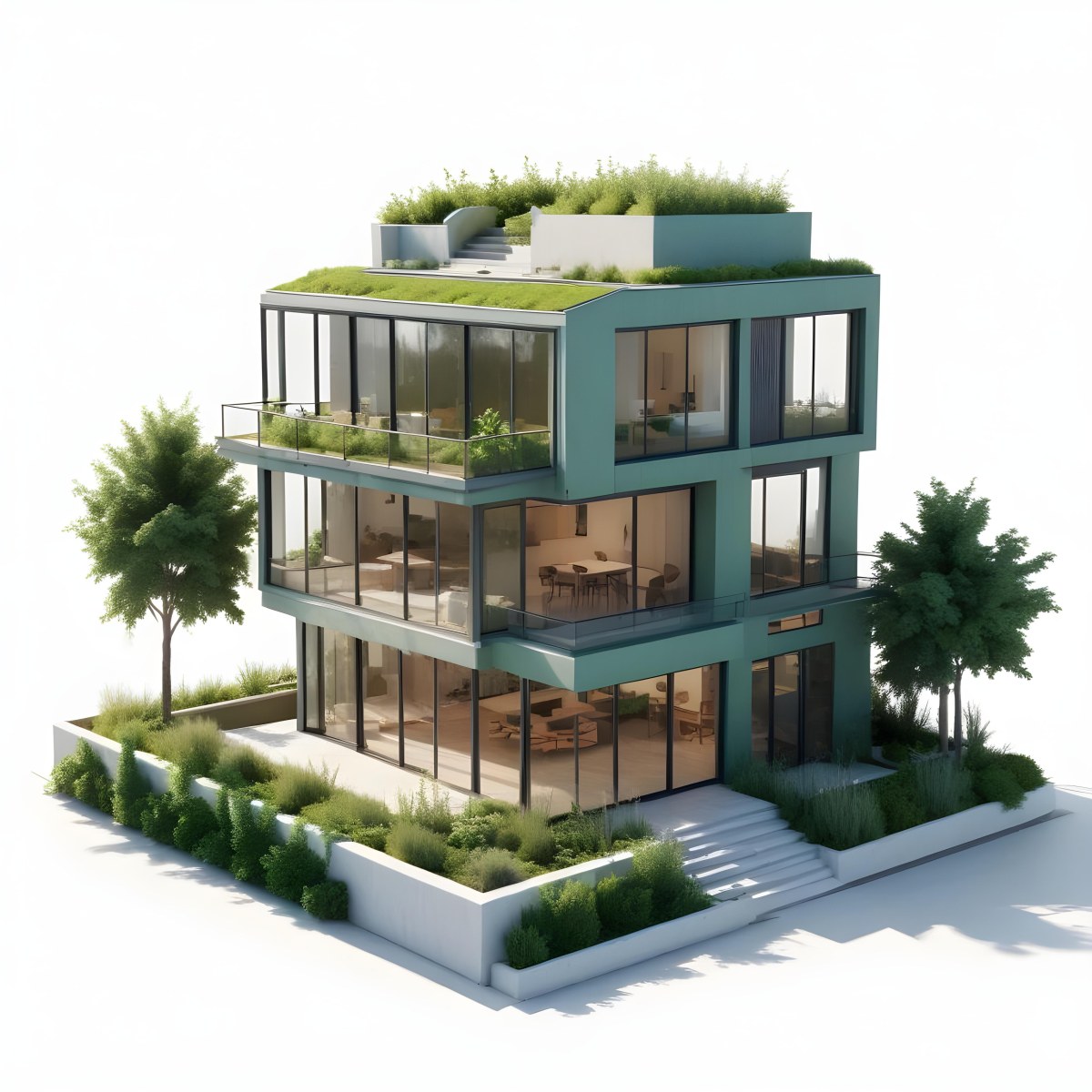 Modern Minimalist Green Three Story House With Large Windows And Green Roof Surrounded By Green Trees And Plants Bright Sunlight Clean Lines Open Floor Plan Outdoor Seating Area 9 5a72