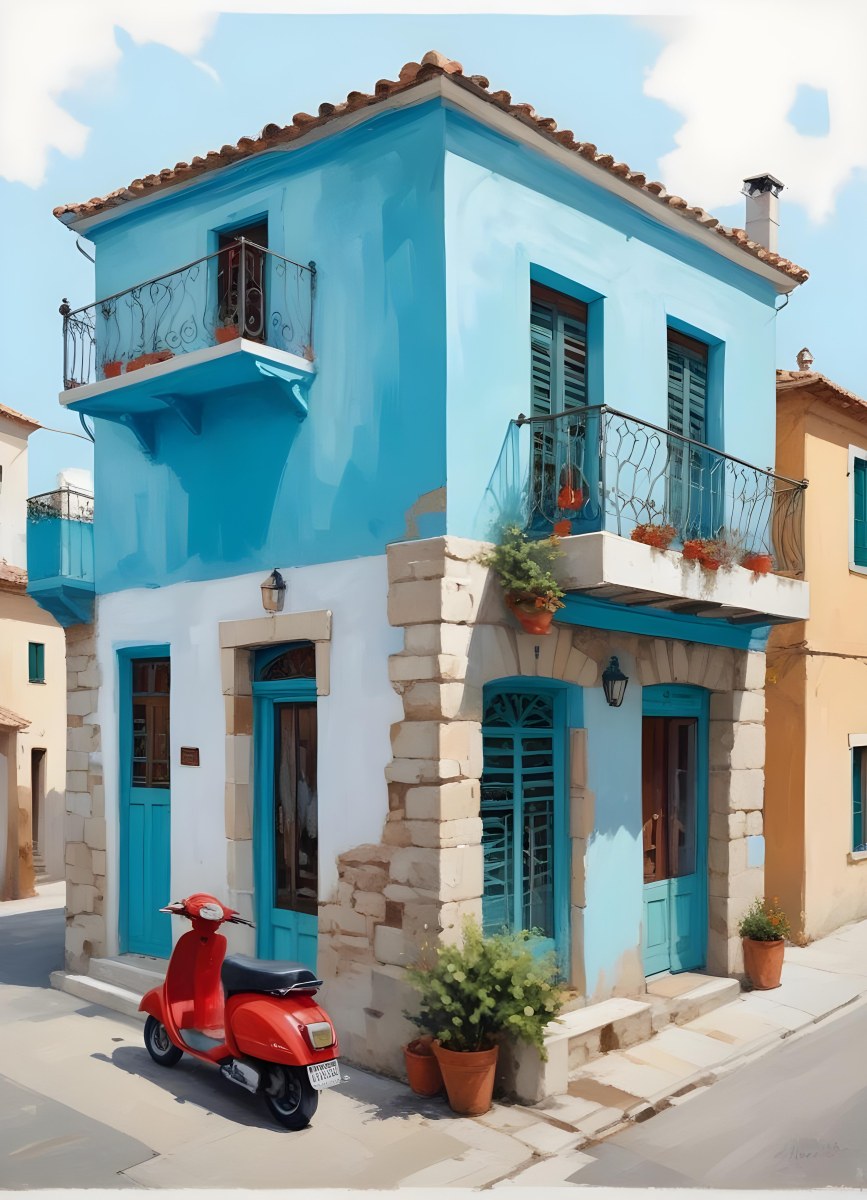 Oil Painting A Two Story Building With A Turquoise Balcony And A Red Scooter Parked In Front In A Mediterranean Town Creative Extremely Detailed Brush Stroke 10 E02c