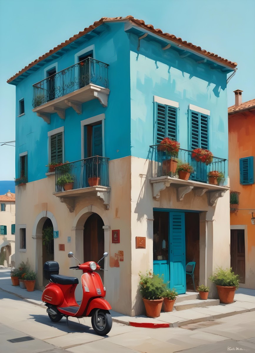 Oil Painting A Two Story Building With A Turquoise Balcony And A Red Scooter Parked In Front In A Mediterranean Town Creative Extremely Detailed Brush Stroke 11 3ee7
