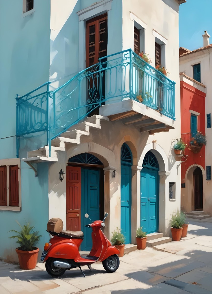 Oil Painting A Two Story Building With A Turquoise Balcony And A Red Scooter Parked In Front In A Mediterranean Town Creative Extremely Detailed Brush Stroke 12 A1cc