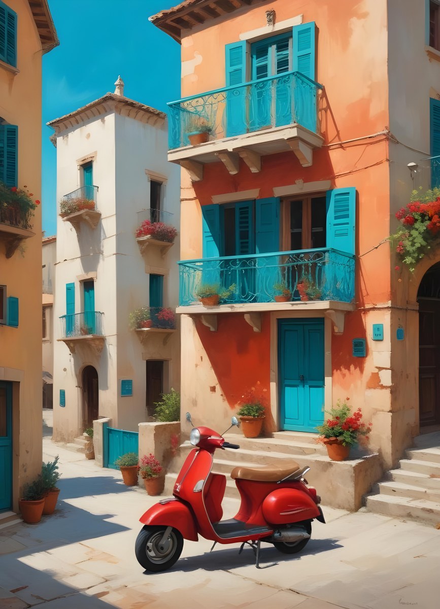 Oil Painting A Two Story Building With A Turquoise Balcony And A Red Scooter Parked In Front In A Mediterranean Town Creative Extremely Detailed Brush Stroke 13 631e