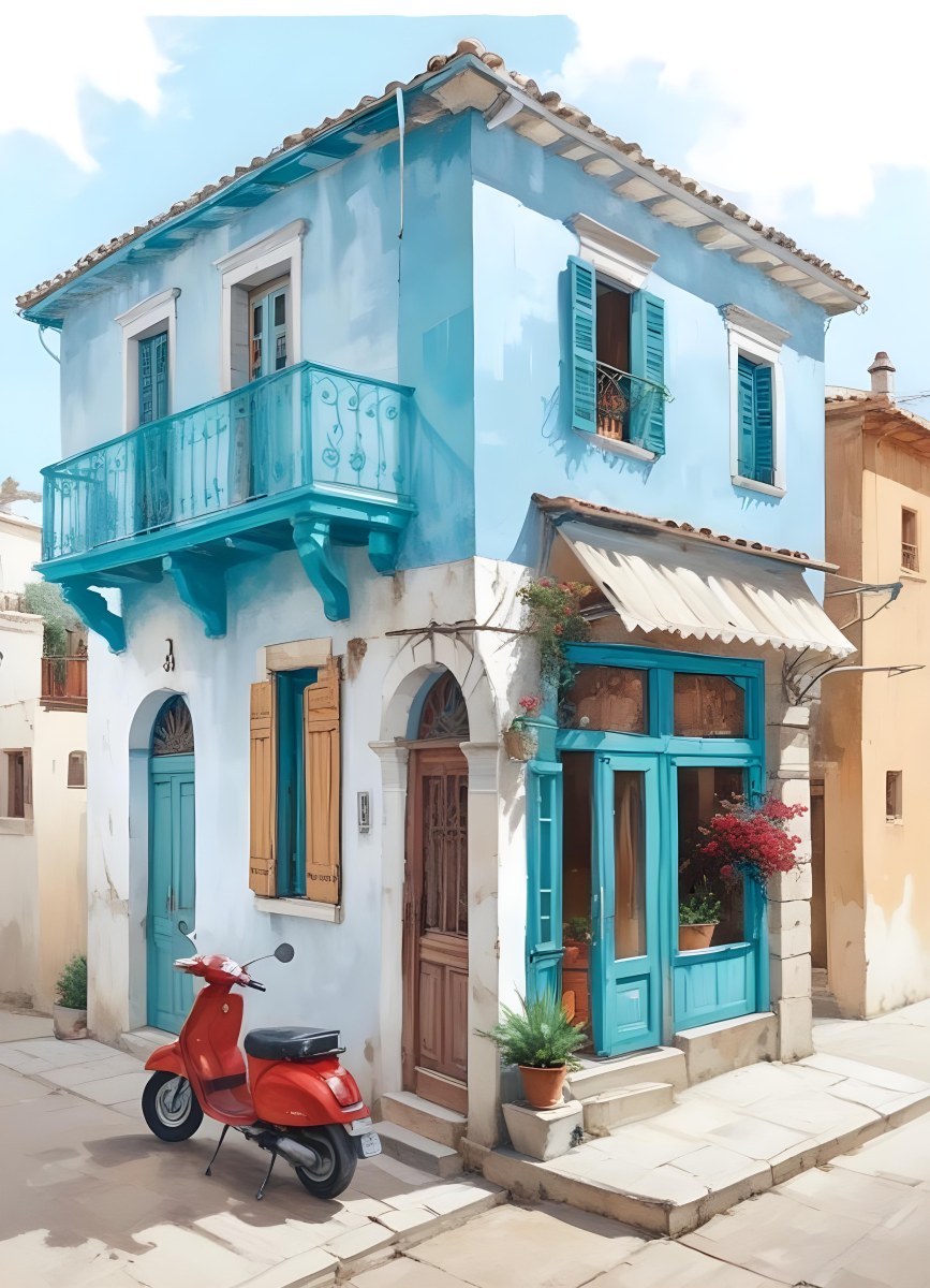 Oil Painting A Two Story Building With A Turquoise Balcony And A Red Scooter Parked In Front In A Mediterranean Town Creative Extremely Detailed Brush Stroke 14 D24d