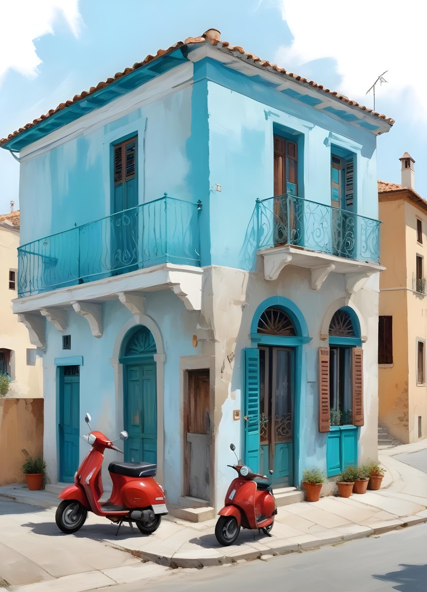 Oil Painting A Two Story Building With A Turquoise Balcony And A Red Scooter Parked In Front In A Mediterranean Town Creative Extremely Detailed Brush Stroke 16 D449