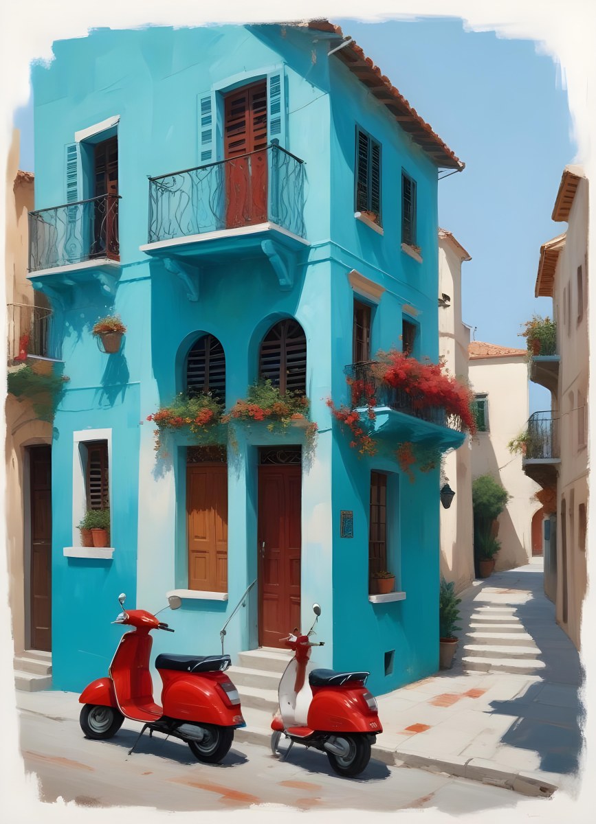 Oil Painting A Two Story Building With A Turquoise Balcony And A Red Scooter Parked In Front In A Mediterranean Town Creative Extremely Detailed Brush Stroke 17 0db8