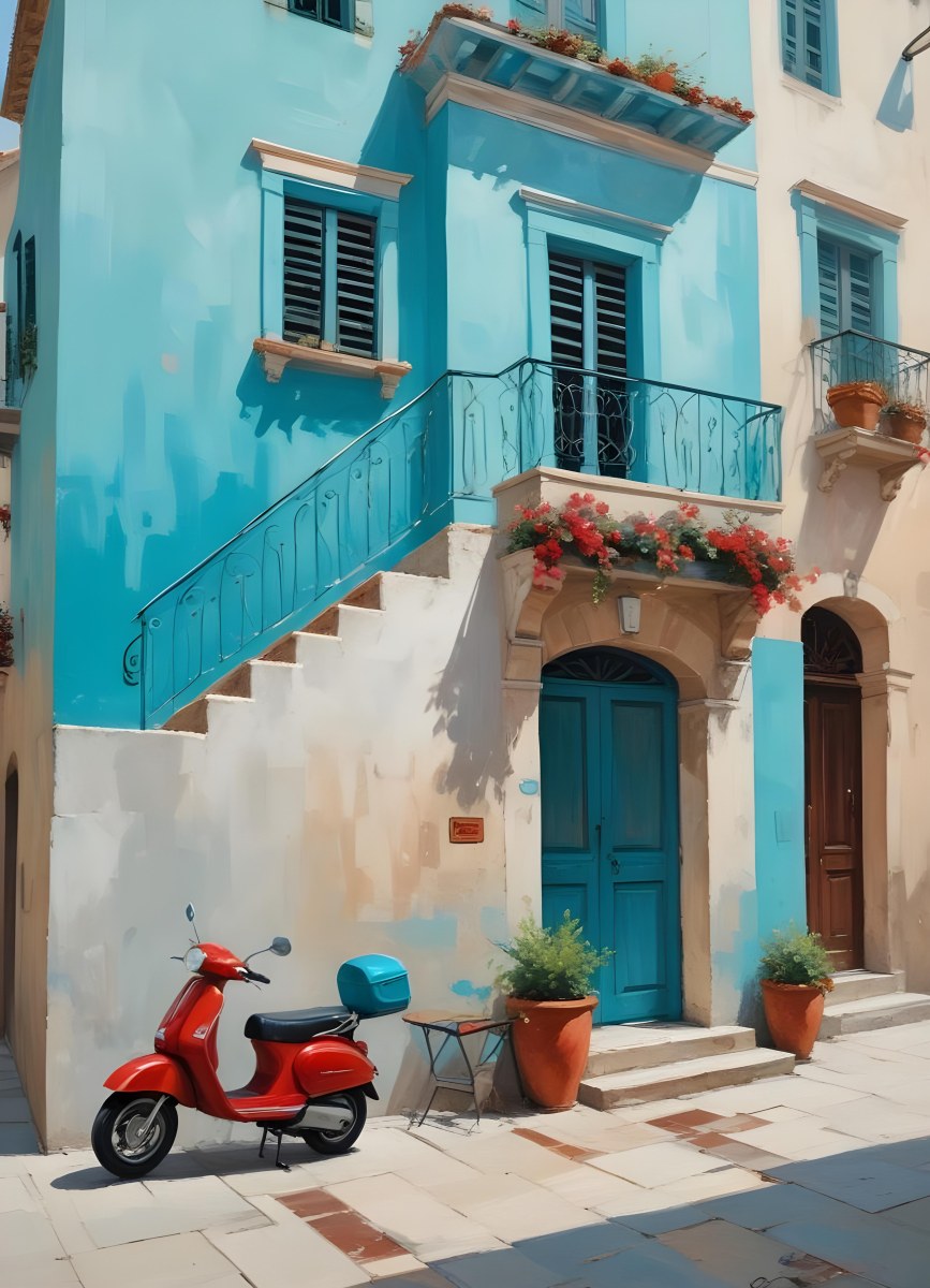 Oil Painting A Two Story Building With A Turquoise Balcony And A Red Scooter Parked In Front In A Mediterranean Town Creative Extremely Detailed Brush Stroke 19 Ea11