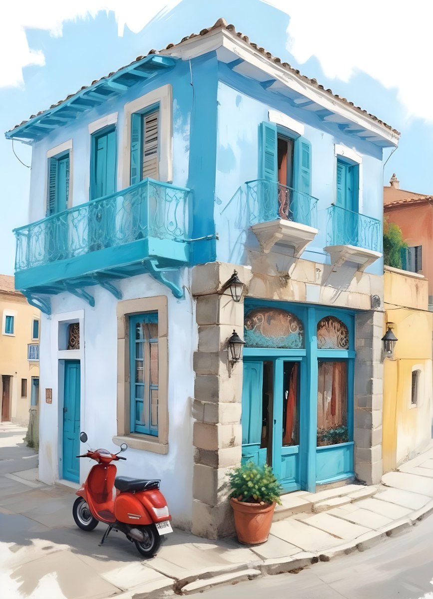 Oil Painting A Two Story Building With A Turquoise Balcony And A Red Scooter Parked In Front In A Mediterranean Town Creative Extremely Detailed Brush Stroke 2 D7de