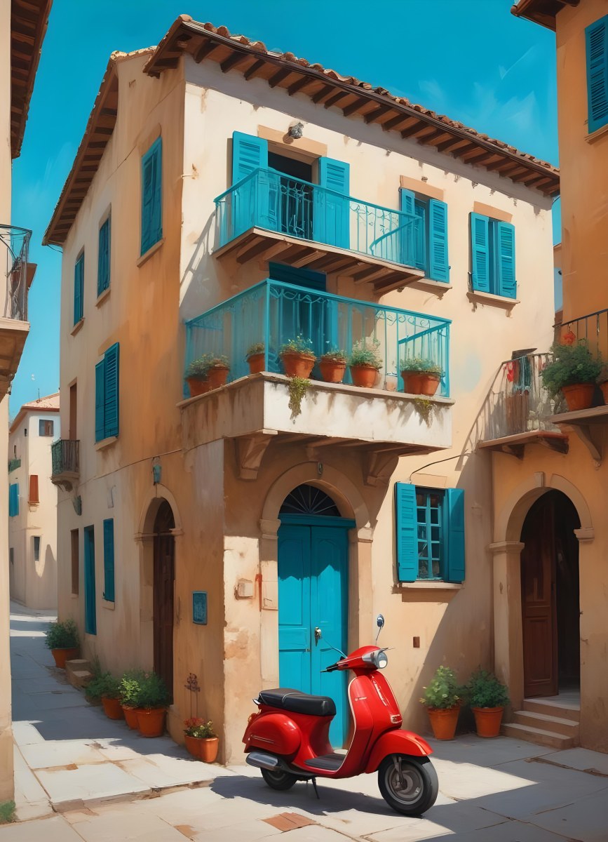Oil Painting A Two Story Building With A Turquoise Balcony And A Red Scooter Parked In Front In A Mediterranean Town Creative Extremely Detailed Brush Stroke 20 4e72