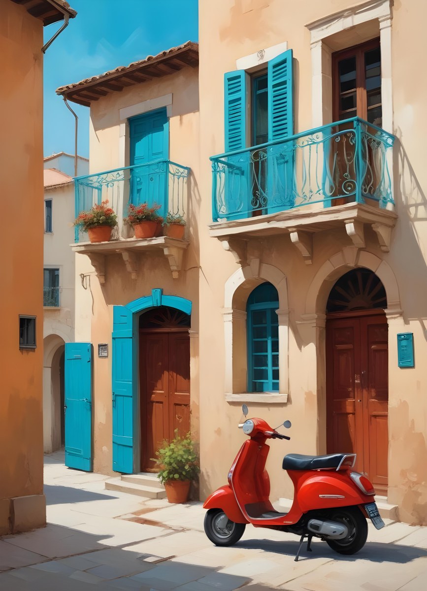Oil Painting A Two Story Building With A Turquoise Balcony And A Red Scooter Parked In Front In A Mediterranean Town Creative Extremely Detailed Brush Stroke 21 29f6