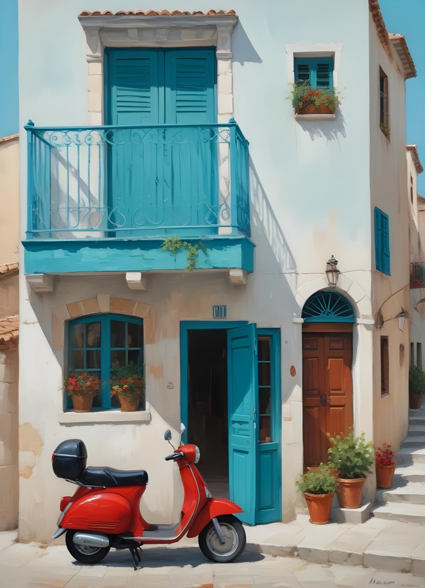 Oil Painting A Two Story Building With A Turquoise Balcony And A Red Scooter Parked In Front In A Mediterranean Town Creative Extremely Detailed Brush Stroke 22 A8cf