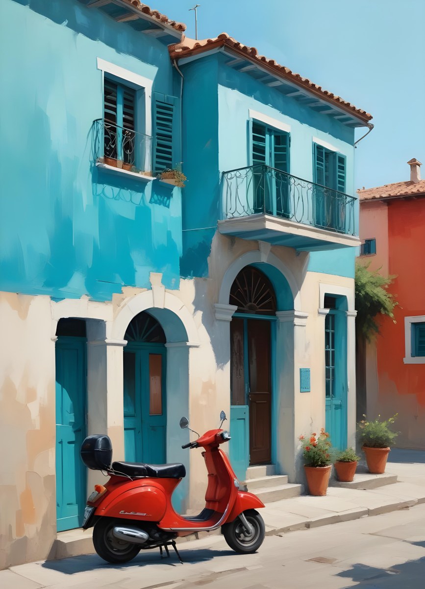 Oil Painting A Two Story Building With A Turquoise Balcony And A Red Scooter Parked In Front In A Mediterranean Town Creative Extremely Detailed Brush Stroke 23 9c28