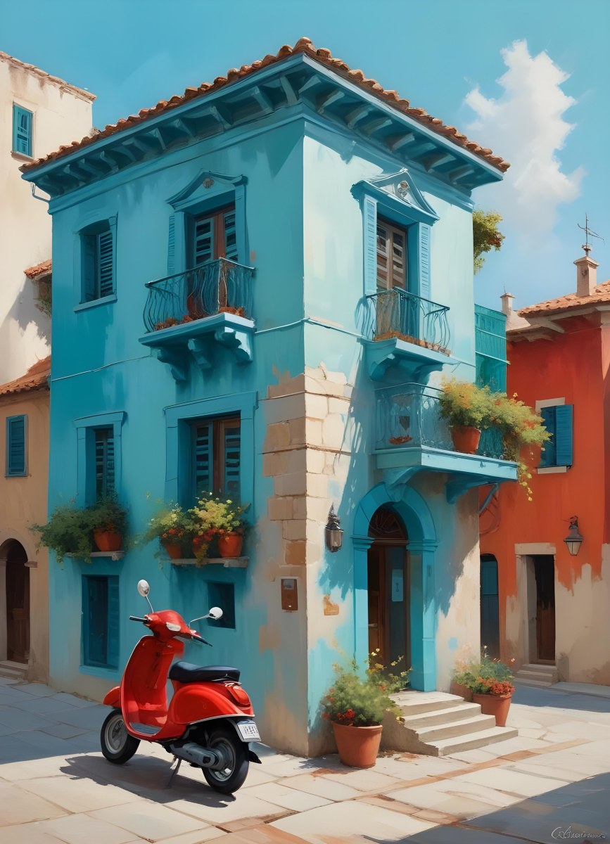 Oil Painting A Two Story Building With A Turquoise Balcony And A Red Scooter Parked In Front In A Mediterranean Town Creative Extremely Detailed Brush Stroke 3 Be4e