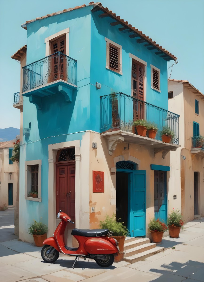 Oil Painting A Two Story Building With A Turquoise Balcony And A Red Scooter Parked In Front In A Mediterranean Town Creative Extremely Detailed Brush Stroke 4 7f3a