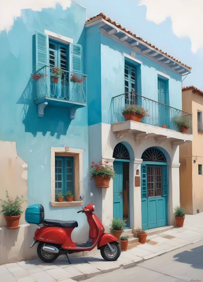 Oil Painting A Two Story Building With A Turquoise Balcony And A Red Scooter Parked In Front In A Mediterranean Town Creative Extremely Detailed Brush Stroke 8 B3bc