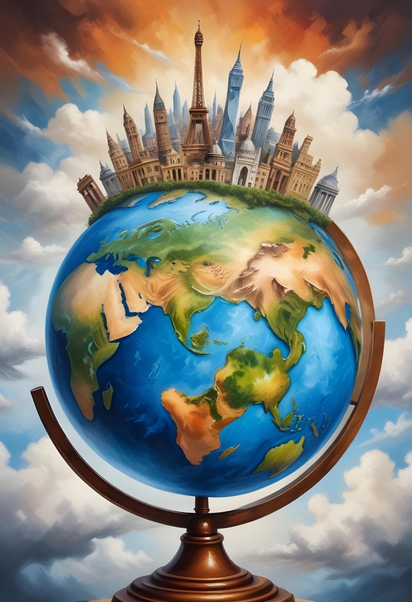 Oil Painting Earth Globe With Famous Monuments On Top Clouds Background Creative Extremely Detailed Brush Stroke 67 6d03