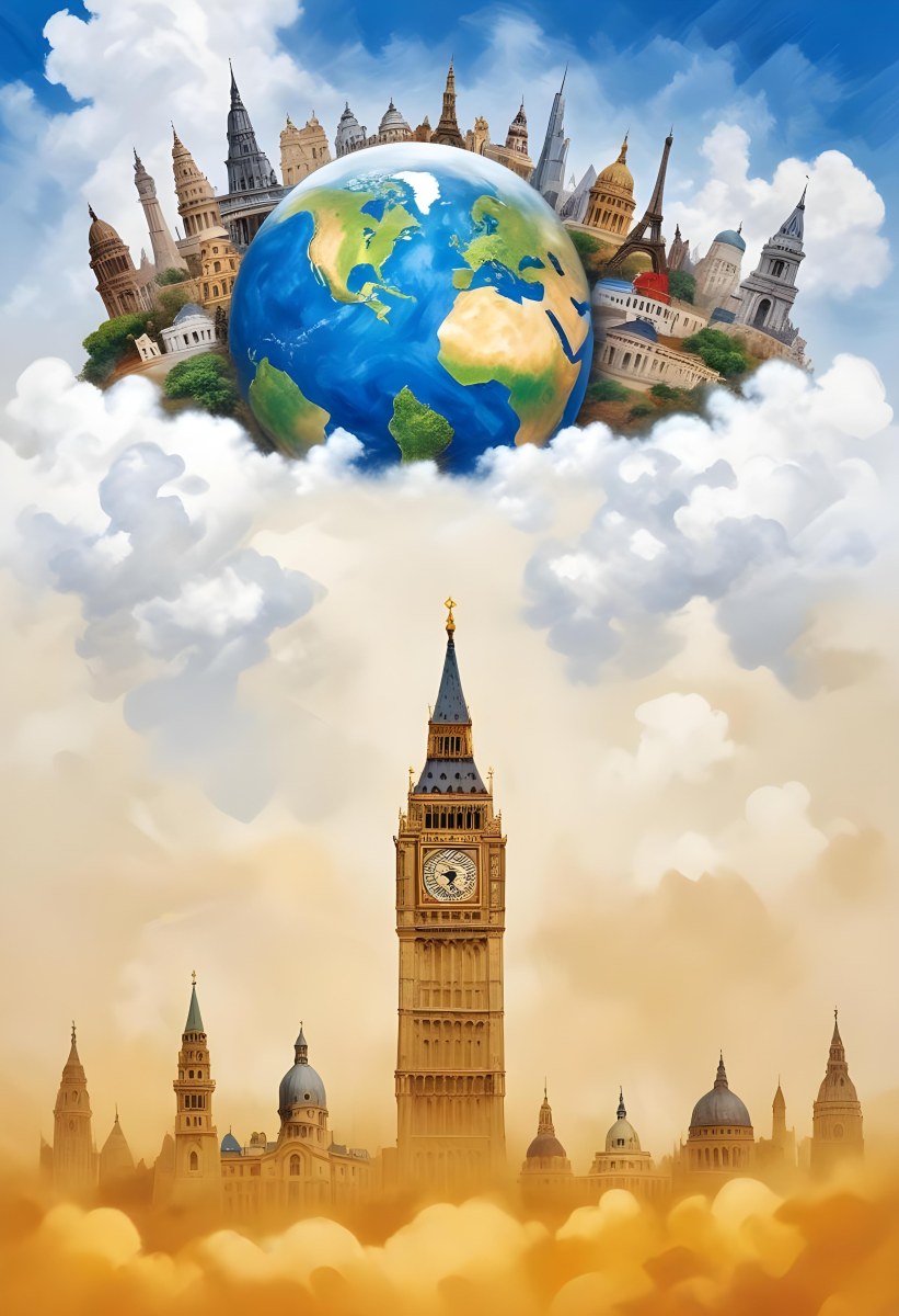 Oil Painting Earth Globe With Famous Monuments On Top Clouds Background Creative Extremely Detailed Brush Stroke 68 63c7