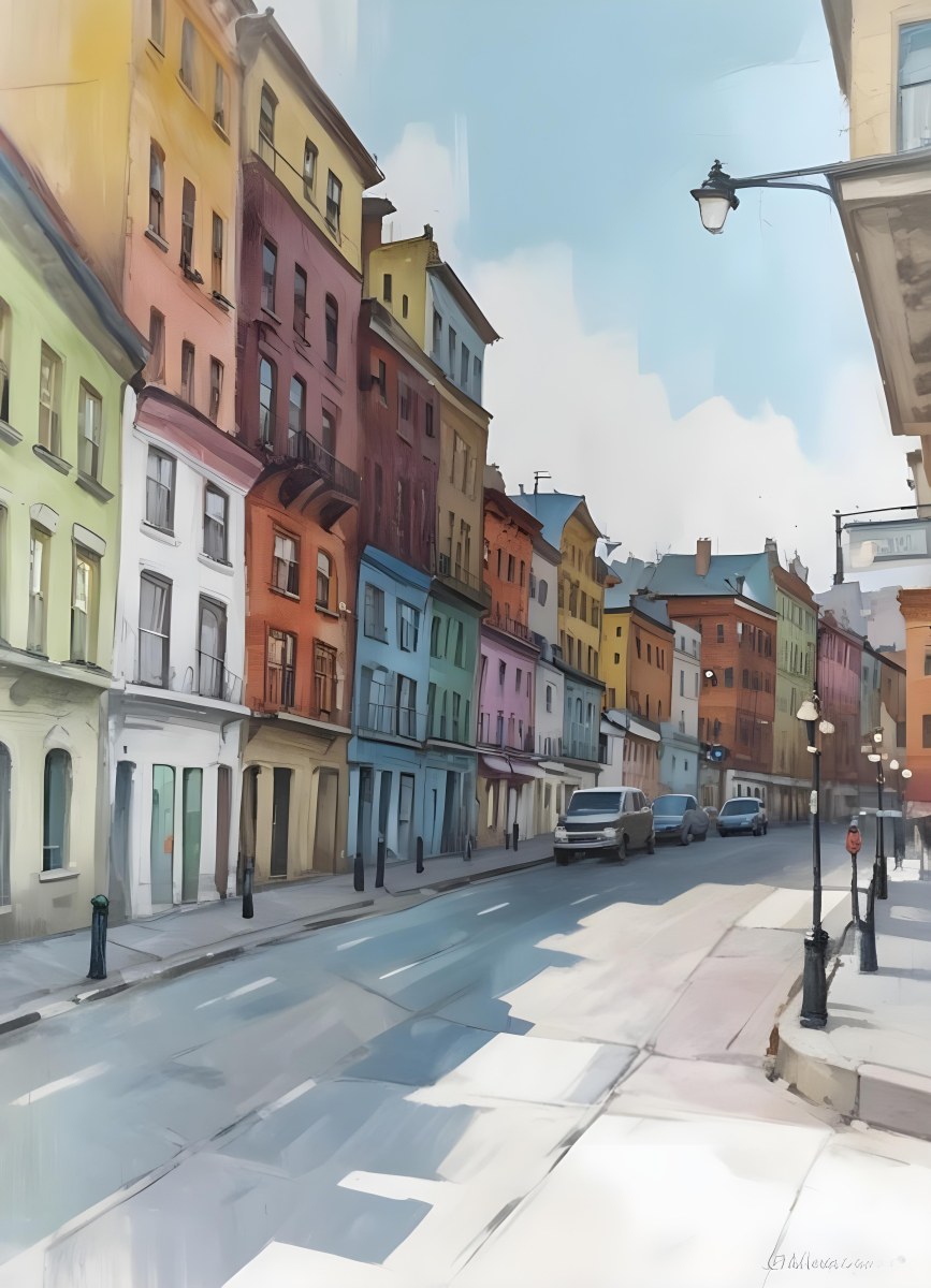 Oil Painting Row Of Colorful Houses With Plants In A City Street Creative Extremely Detailed Brush Stroke 11 Ca26