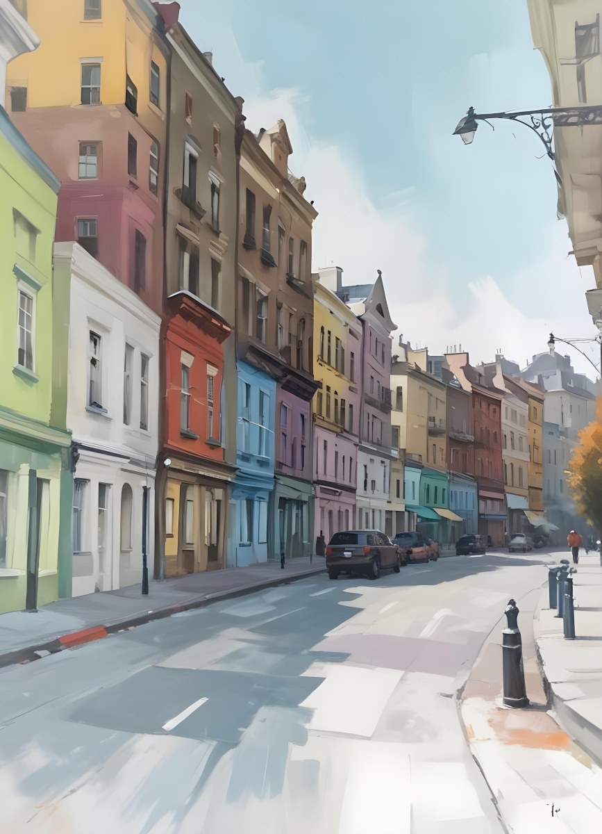 Oil Painting Row Of Colorful Houses With Plants In A City Street Creative Extremely Detailed Brush Stroke 13 F776