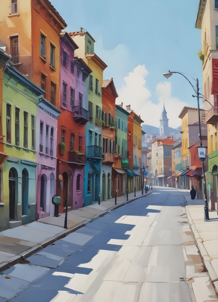 Oil Painting Row Of Colorful Houses With Plants In A City Street Creative Extremely Detailed Brush Stroke 14 7471