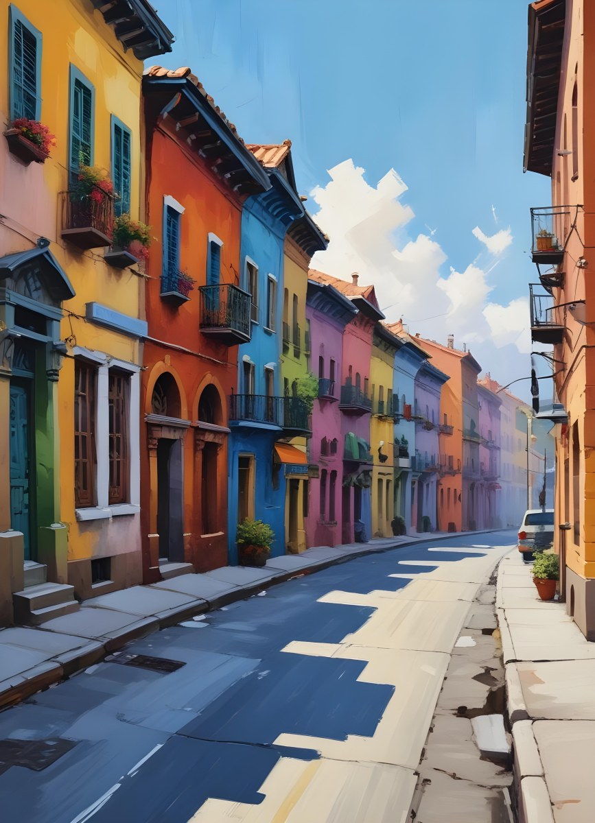 Oil Painting Row Of Colorful Houses With Plants In A City Street Creative Extremely Detailed Brush Stroke 16 E142