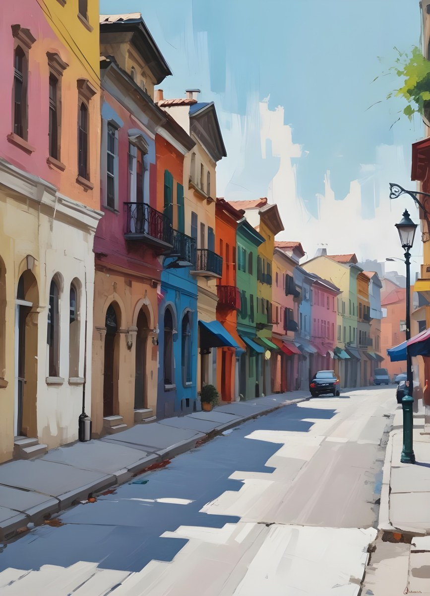 Oil Painting Row Of Colorful Houses With Plants In A City Street Creative Extremely Detailed Brush Stroke 4 3959