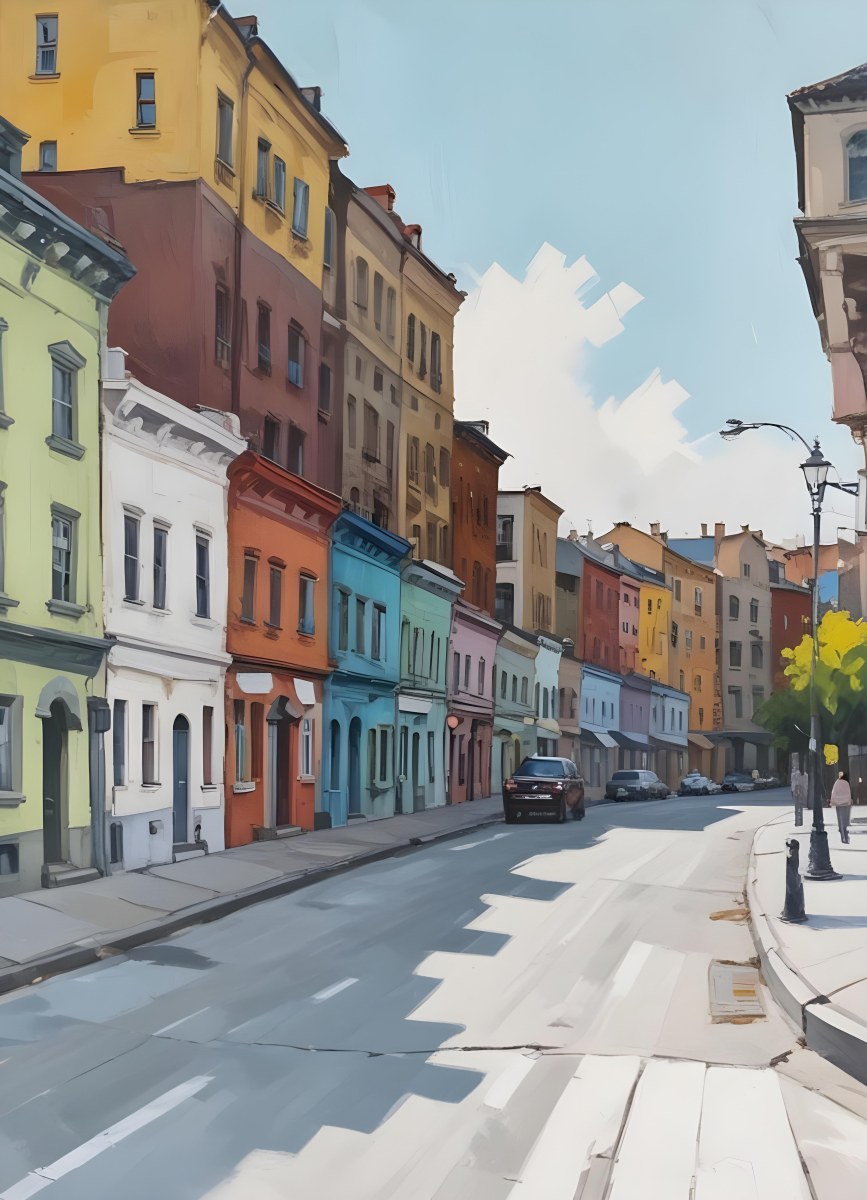 Oil Painting Row Of Colorful Houses With Plants In A City Street Creative Extremely Detailed Brush Stroke 6 Dc13